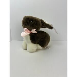 Vintage Easter Bunny Plush Brown and White Rabbit With Happy Easter Tag
